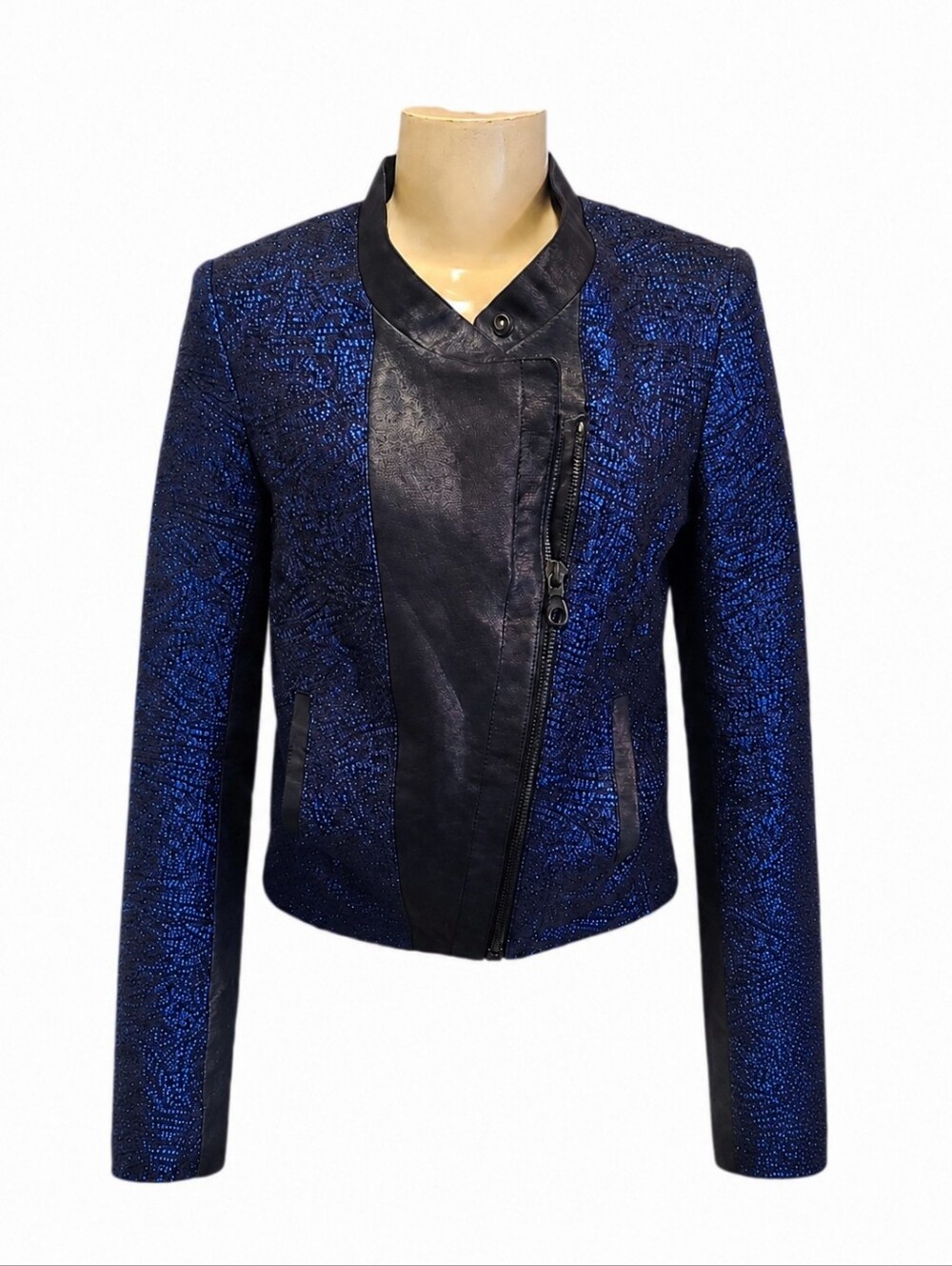 MANNING CARTELL | Metallic Blue Tweed Asymmetric Zip Jacket / Blazer ~ S…